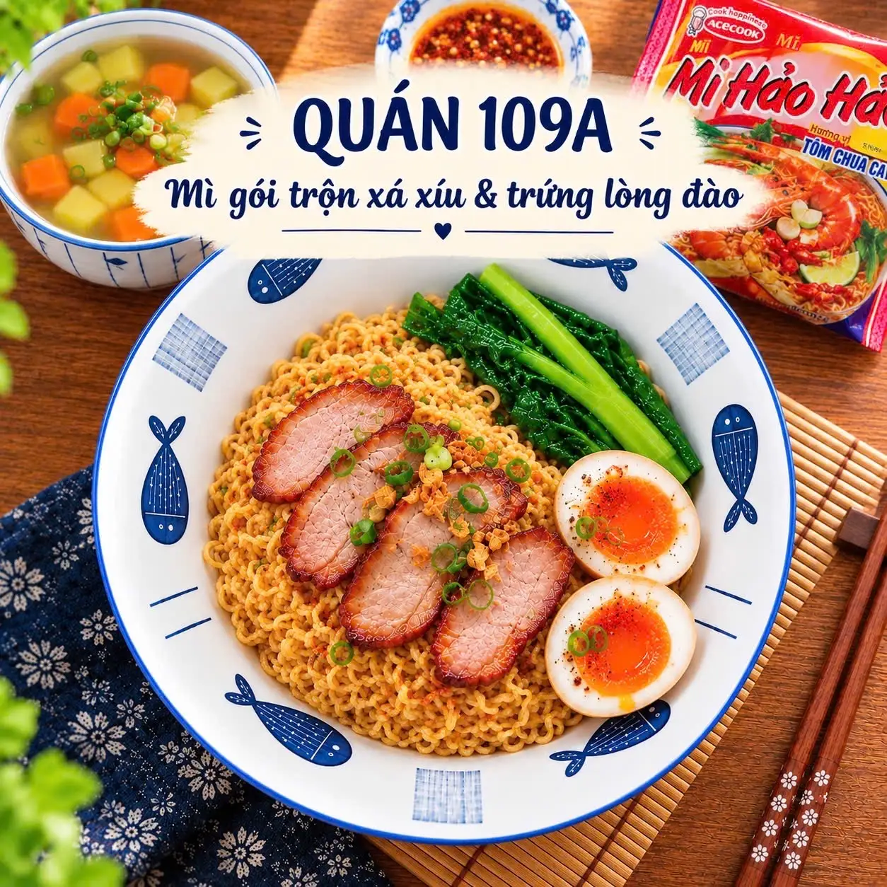 Hình ảnh Mì gói trộn xá xíu & trứng