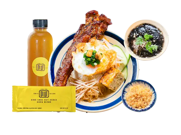 Cơm Sườn Non Nướng Ngũ Vị + 4 Topping + Canh + Nước Sâm + Khăn: - 249.000 ₫ tại Cơm Tấm Dì Út - Trần Đình Xu