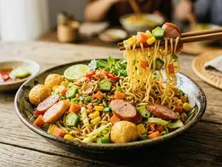 Hình ảnh Mỳ Trộn Xúc Xích Cá Viên Rau Củ