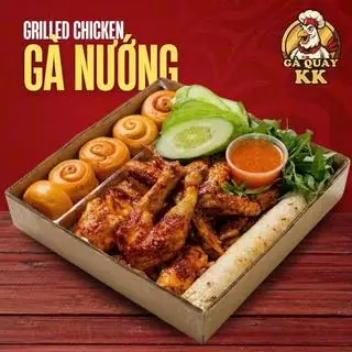 Hình ảnh 1 con gà nướng muối ớt + 5 banh bao + rau dưa nước chấm 2 loại