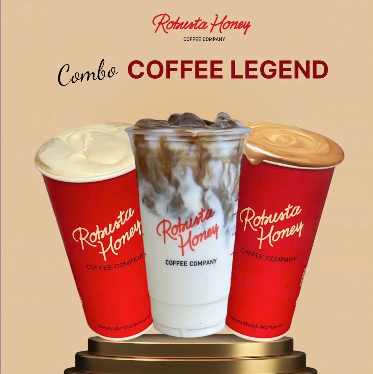 Combo COFFEE LEGEND 3 món sizeL (Sữa tươi CF+ Phin Honey Phô Mai+CF Sữa Robusta Honey) - 109.000 ₫ tại Robusta Honey Coffee Company - Hãng Cà Phê Chất Lượng Cao - Phó Đức Chính