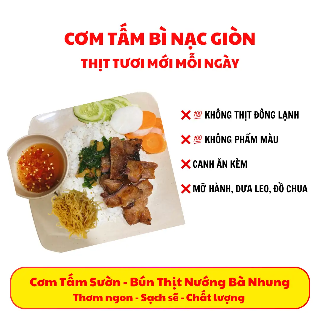 Cơm Tấm Bì nạc giòn nướng - 75.000 ₫ tại Bà Nhung - Tiệm Cơm & Bún Thịt Nướng - Phạm Văn Chiêu