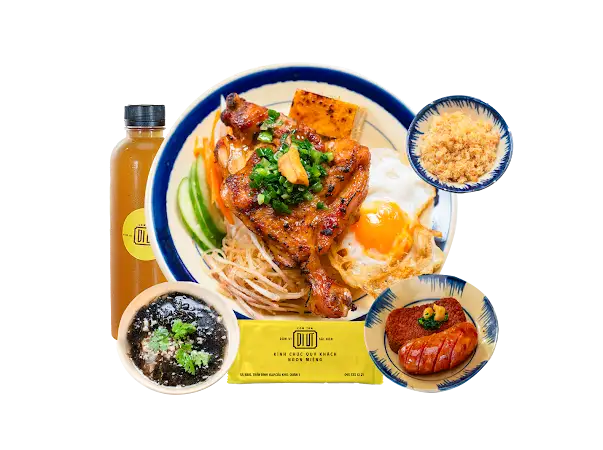 Cơm Đùi Gà Nướng Mật Ong + Full Topping + Canh + Nước Sâm + Khăn - 276.000 ₫ tại Cơm Tấm Dì Út - Trần Đình Xu