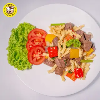 Nui lúc lắc (100gr bò mỹ) (fusilli and shaking beef) - 113.000 ₫ tại Funny Beef - Spaghetti & Beefsteak - Nguyễn Tri Phương
