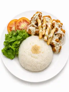Hình ảnh Cơm gà viên sốt kem hành - canh rong biển