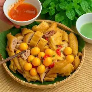 Hình ảnh Gà ủ muối ôm trứng (nguyên con khong chân đầu)kèm rau dưa muối chấm 