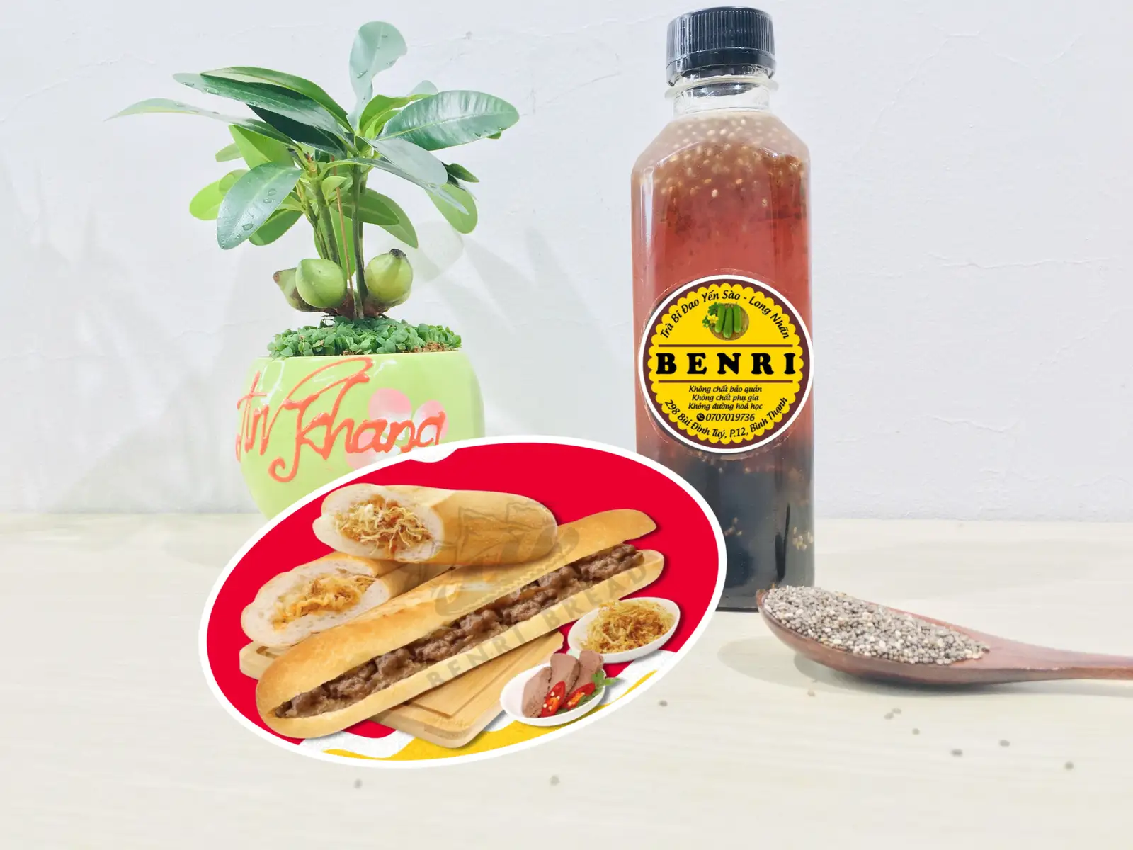Hình ảnh Bánh mì que Patê chà bông + Trà bí đao yến sào hạt chia
