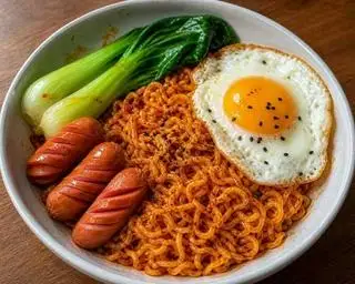 Hình ảnh mì trộn Xúc Xích trứng ốpla hoặc trứng Luộc 40k