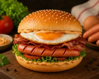 HAMBURGER XÚC XÍCH XÔNG KHÓI + ỐP LA - 33.000 ₫ tại Bánh Mì Min Min - Bánh Mì , Hamburger & Xôi Mặn - Vạn Kiếp
