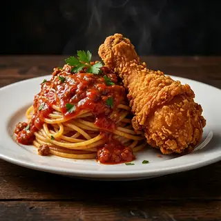 Mì Ý Bò Bằm + 1 Gà Rán Giòn (Fried Chicken Spaghetti Jollibee Style) - 107.000 ₫ tại Delica - Mỳ Ý Và Pizza - Phan Văn Trị