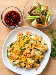 Hình ảnh combo cơm tôm phủ trứng + 1 phần bò xào cải 