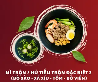 MÌ/ HỦ TIẾU TRỘN ĐẶC BIỆT 2 (Bò xào, Xá xíu, Tôm, Bò viên) - 100.000 ₫ tại Mì Trộn Bò Xào - Phan Văn Hân