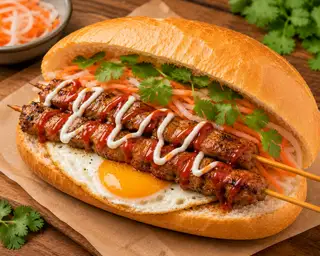 Bánh mì xiên nướng + trứng size L - 45.000 ₫ tại BÁNH MÌ XIÊN NƯỚNG - COMBO CHIÊN NƯỚNG - Phạm Ngũ Lão