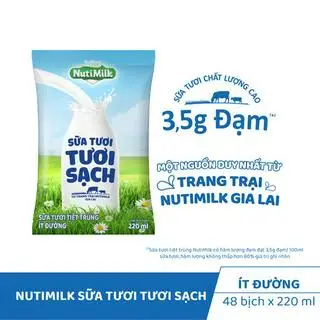 Hình ảnh Bịch Sữa Tươi Tiệt Trùng Nutimilk Ít Đường 220ml