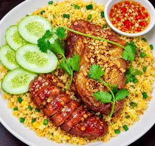 Hình ảnh cơm chiên gà mắm tỏi xúc xích (đùi tỏi/má)