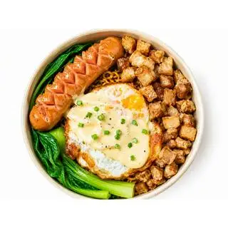 Hình ảnh Mì trộn tóp mỡ phô mai xúc xích + trứng