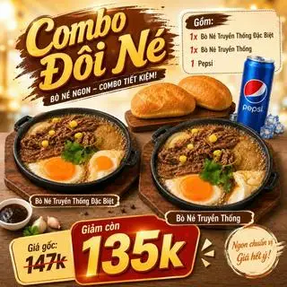 Hình ảnh Combo Đôi Né: 1x Bò Né Truyền Thống Đặc Biệt + 1x Bò Né Truyền Thống + 1x Pepsi