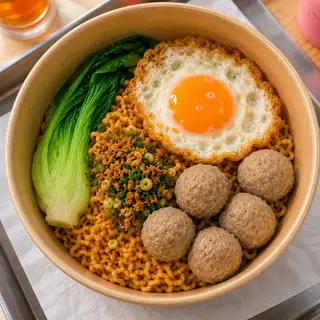 Hình ảnh Mì trộn Bò viên - Trứng lòng đào
