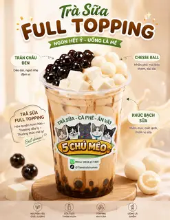 Trà sữa mèo ú full topping - 45.000 ₫ tại Tiệm Trà 5 Chú Mêo - Gu Trà Đậm Vị - Lạc Long Quân