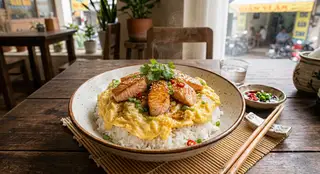 Hình ảnh Cơm Cá Hồi phủ trứng
