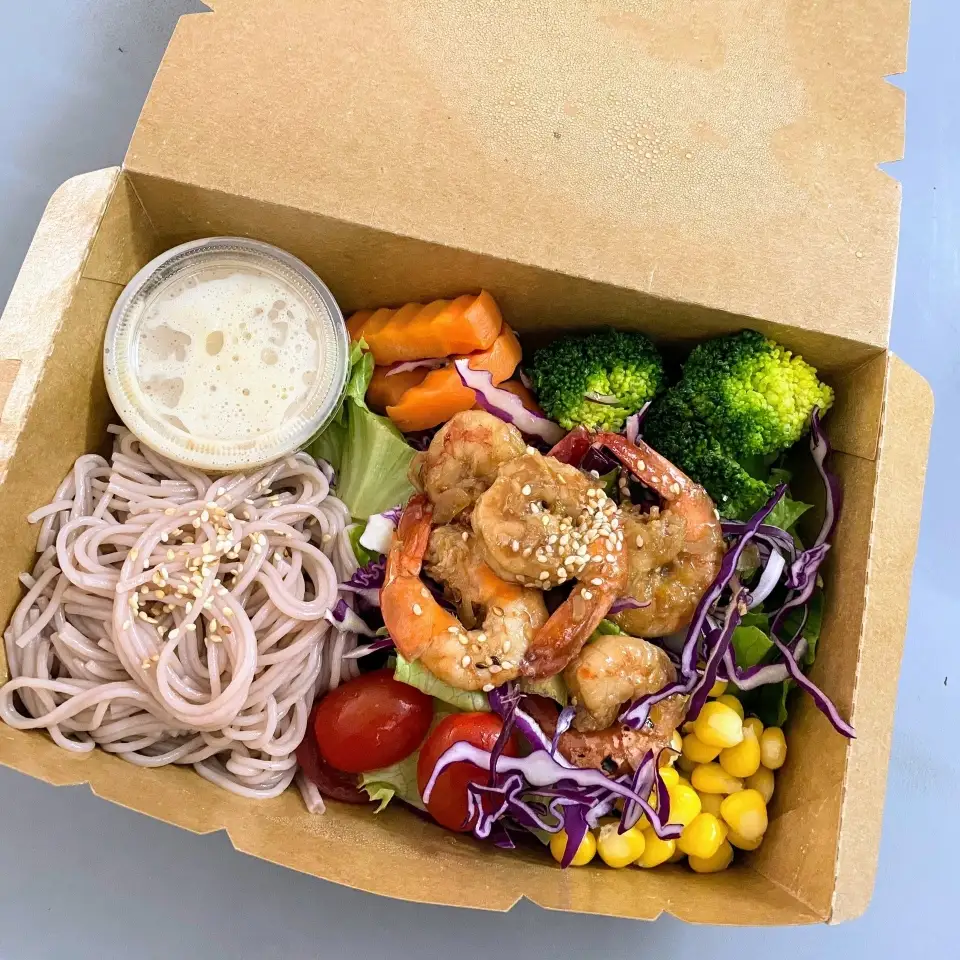 Bún gạo lứt - tôm sốt Teriyaki vị cam - 75.000 ₫ tại Konoha Kitchen - Eat Clean - Sinh Tố & Nước Ép Trái Cây – Phạm Ngũ Lão