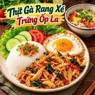Hình ảnh cơm gà rang xé + trứng opla + canh chua 