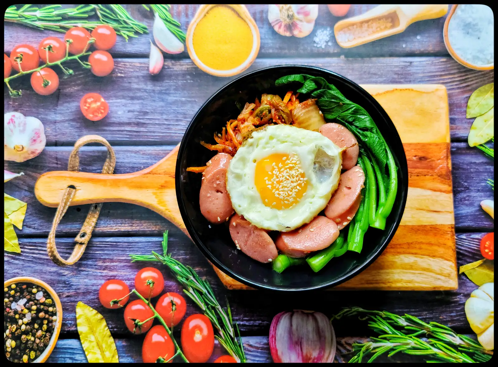Hình ảnh cơm trộn xúc xích đức kim chi + trứng
