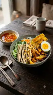 Hình ảnh Bún thịt nướng Thập Cẩm (thịt xiên, trứng, chả cuốn)