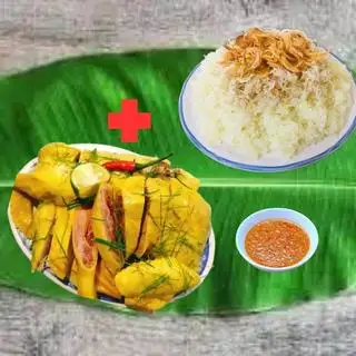 Hình ảnh Nửa gà ủ muối + xôi nếp chà bông hành phi