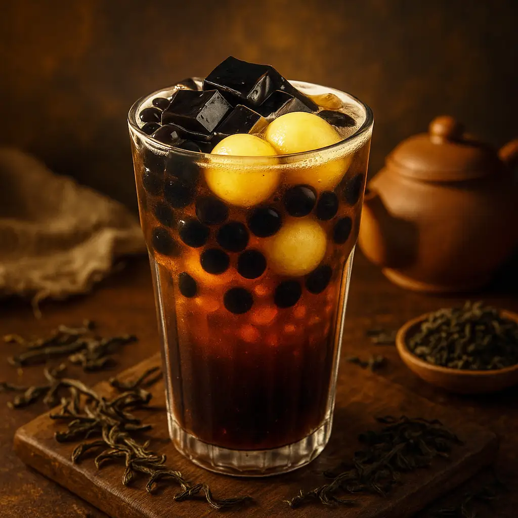 14 GIỜ - Hồng Trà + Sương sáo + Trân châu đen + Phô mai viên - 55.000 ₫ tại Ăng-Ê Coffee - Nguyễn Thị Nghĩa