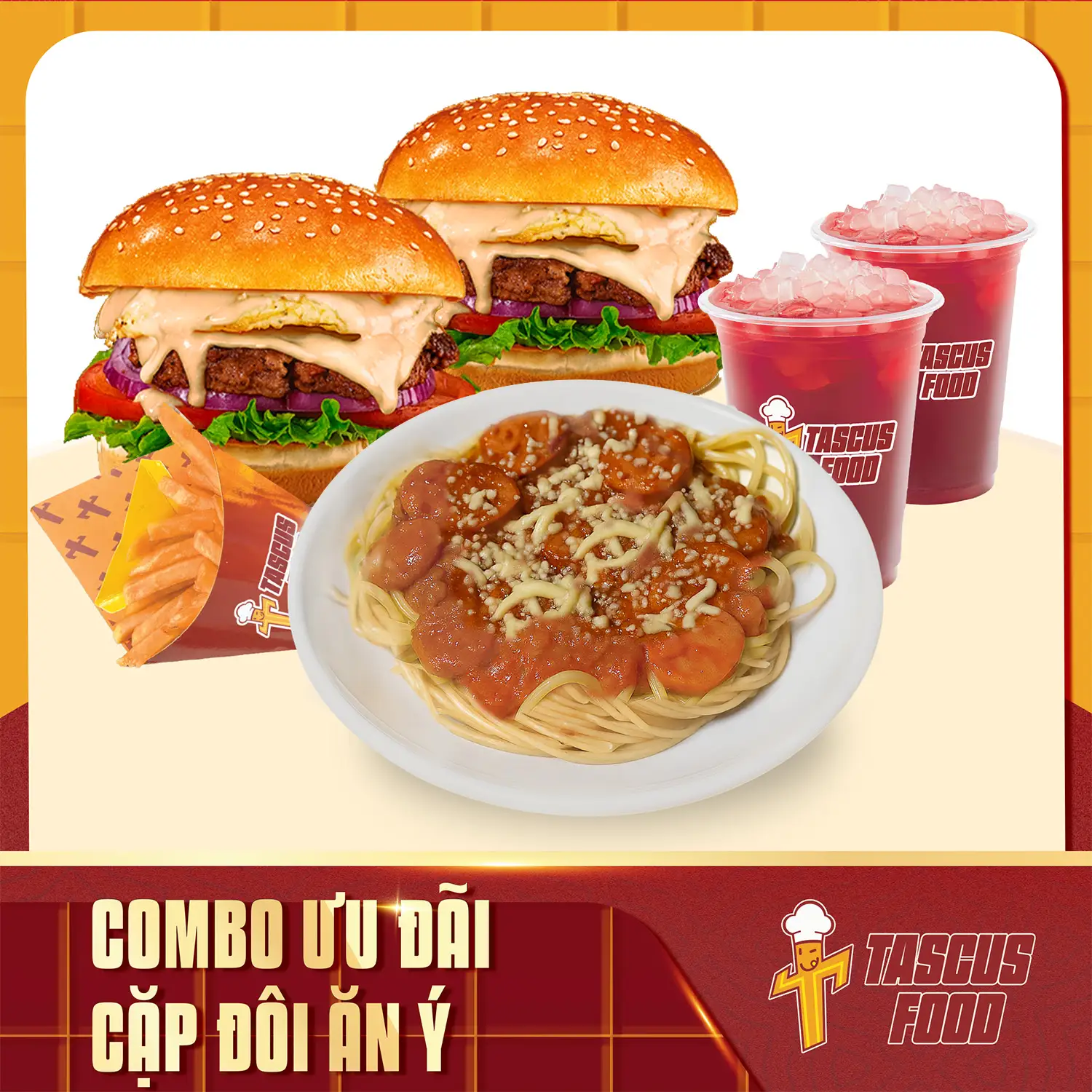 Hình ảnh 2 Super Burger Sốt Sapo + 1 Khoai Truyền Thống + 1 Mỳ Ý Phủ Phomai+2 Trà Hibiscus