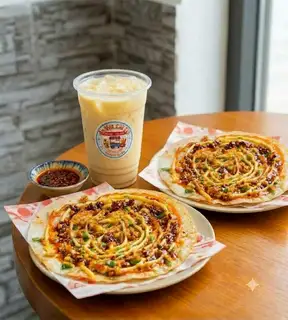 Hình ảnh combo 2 bánh tráng nướng + trà sữa ô long