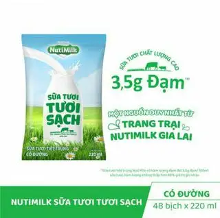 Hình ảnh Bịch Sữa Tươi Tiệt Trùng NutiMilk Có Đường 220ml