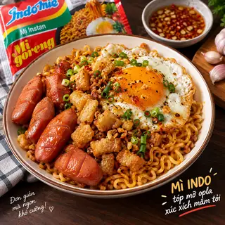 Hình ảnh Mì INDO tóp mỡ opla xúc xích mắm tỏi 