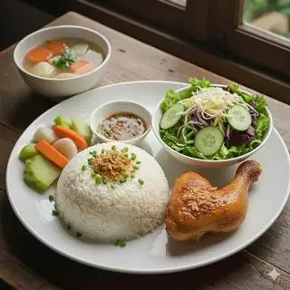 Hình ảnh cơm gà sốt tương tỏi kèm salad