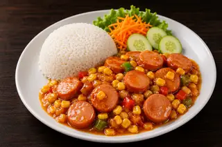 Hình ảnh Cơm xúc xích sốt ngô chua ngọt