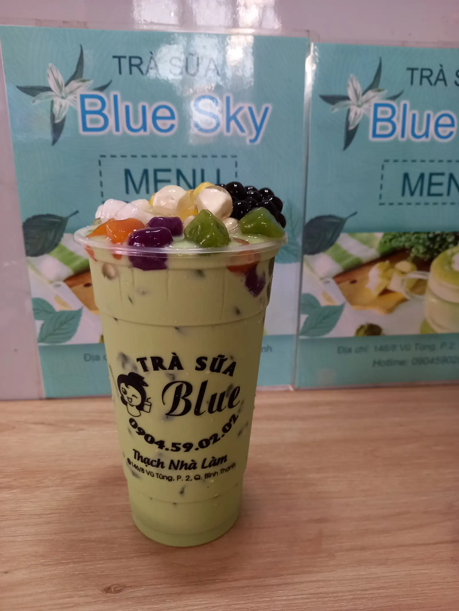 Trà sữa thái xanh +TC bắp, dừa+ khoai dẻo +phô mai  viên  - 38.000 ₫ tại Trà Sữa Blue Sky - Vũ Tùng