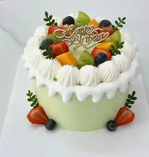 Hình ảnh bánh sinh nhật tông xanh nhạt + trái cây size 14