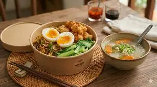 Hình ảnh Mì Trộn Gà Popcorn Giòn Rụm x Trứng Luộc Lòng Đào "Mlem Mlem" Bé Bi (Kèm Canh)