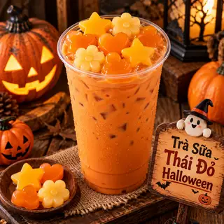 Hình ảnh Trà Sữa Thái Đỏ Halloween - Cam Rực Ma Quái – Thạch Trứng Muối Độc Đáo