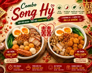 Mì trộn Song hỷ (Mì trộn thập cẩm trứng + Mì trộn viên chiên trứng - 89.000 ₫ tại Umee - Mì Trộn Thập Cẩm, Bánh Mì Xíu Mại Và Thịt Nướng - Trương Quyền