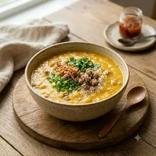 Hình ảnh Cháo bí đỏ đậu xanh + thịt bằm