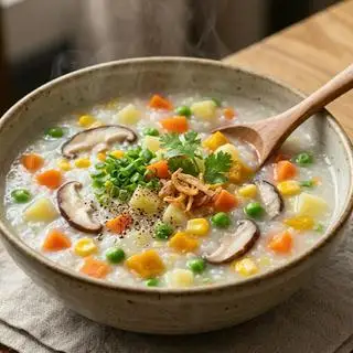 Hình ảnh Cháo củ quả nấm bí đỏ + thịt bằm