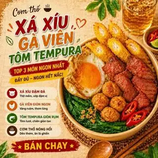 Cơm thố đặc biệt phần to (Xá xíu, gà chiên, cá tempura, trứng ốp la) - 77.400 ₫ tại Mê - Cơm Thố Thập Cẩm Bàn Cờ - Vườn Chuối