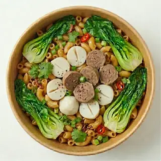 Hình ảnh Nui xào cá viên bò viên