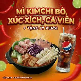 Hình ảnh Mì kim chi - bò - xúc xích - cá viên - kèm ly Pepsi 360ml