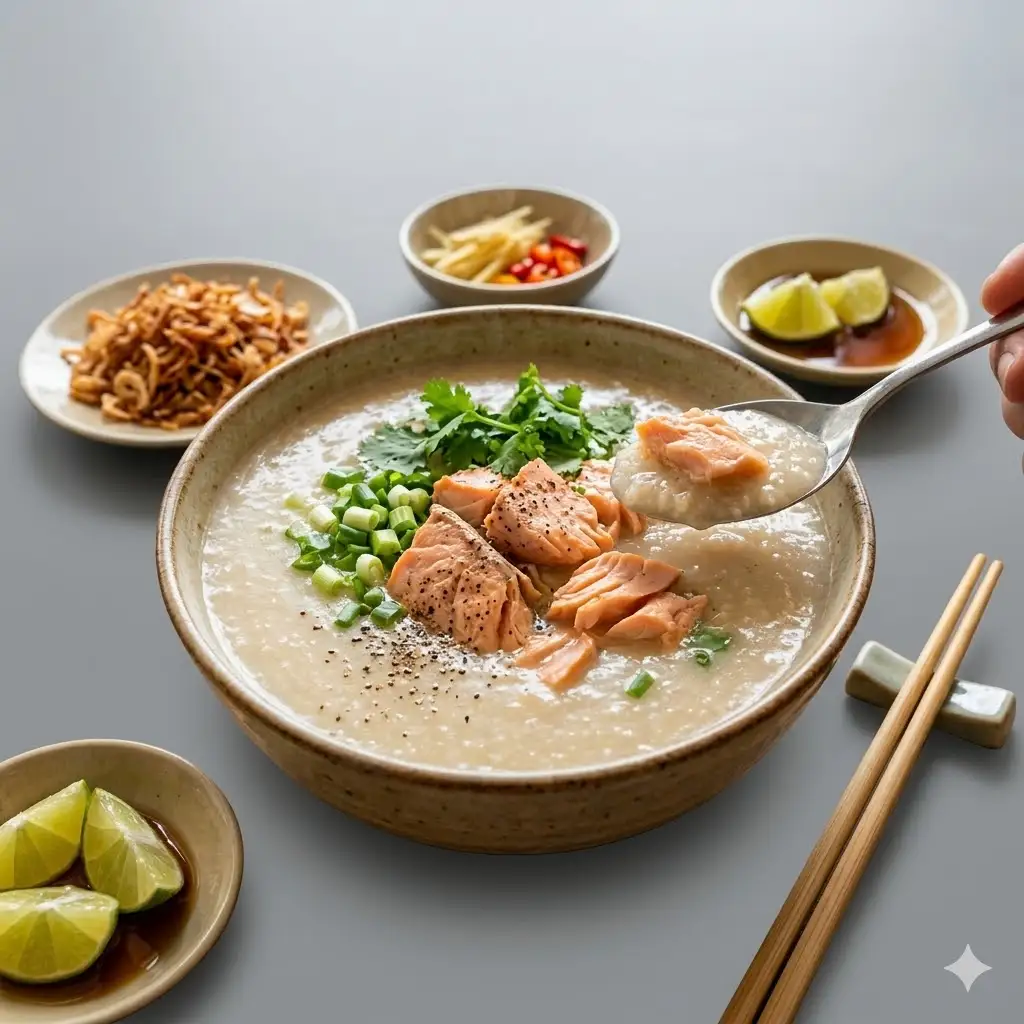 Hình ảnh Cháo cá hồi sốt gấc