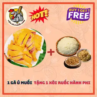 Hình ảnh 1 con gà ủ muối kèm 1 xôi nếp hành phi