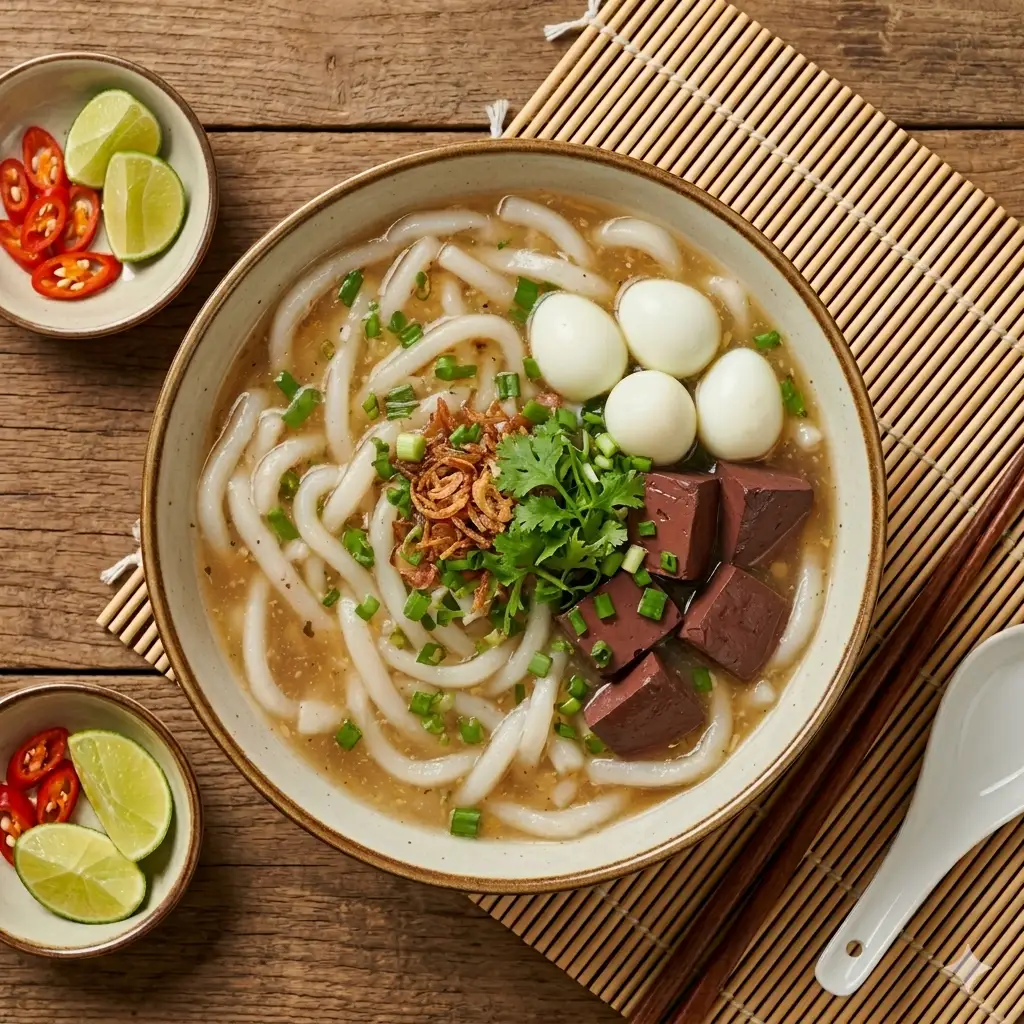 bánh canh (bột lọc) hẹ (hành) chả cá,trứng cút - 50.000 ₫ tại Bánh Cuốn Tây Sơn - Tré Trộn & Bún Thịt Nướng - Dương Quảng Hàm