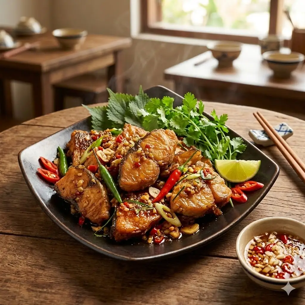 Hình ảnh Cá hồi rim mắm tỏi